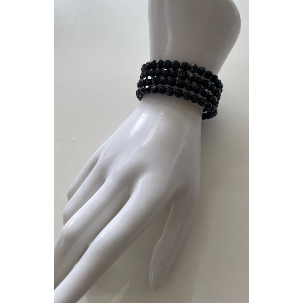 Vintage Faceted Black Gold 3 Beaded Strand Bracelet Unbranded Luxury Sz 7”